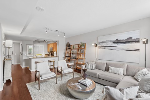 A living room with a grey couch, a coffee table, and a painting on the wall.