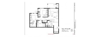 A floor plan for a home with a living room, dining room, kitchen, and two bathrooms.