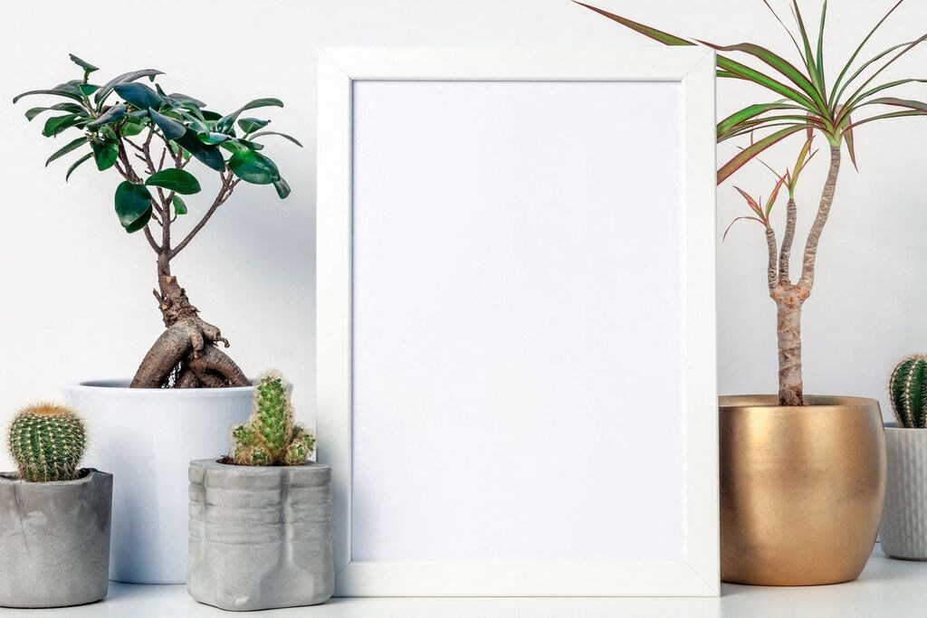 a picture frame with potted plants in front of it