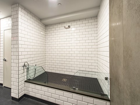 a pet washing station with white subway tiles