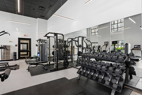 A gym with a variety of equipment including dumbbells and weight machines.