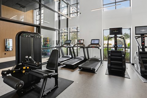 A gym with treadmills and exercise bikes.