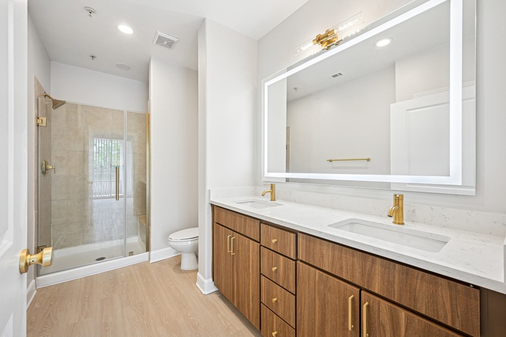 A bathroom with a white counter top and a gold framed mirror.