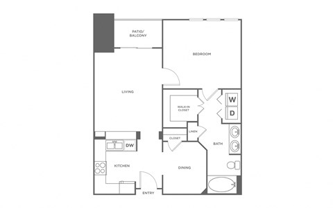 A floor plan of a house with a living room, dining room, kitchen, bedroom, and bathroom.