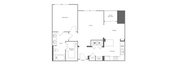 A black and white floor plan of a house with a bedroom, living room, dining room, kitchen, bathroom, and entry.