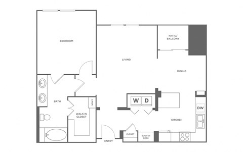 A black and white floor plan of a house with a bedroom, living room, dining room, kitchen, bathroom, and entry.