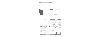 A floor plan of a house with a patio/balcony, bedroom, living room, kitchen, dining room, bathroom, and entry.