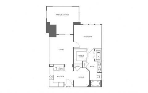 A floor plan of a house with a patio/balcony, bedroom, living room, kitchen, dining room, bathroom, and entry.