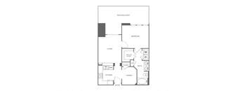A floor plan of a house with a kitchen, dining room, living room, bedroom and bathroom.