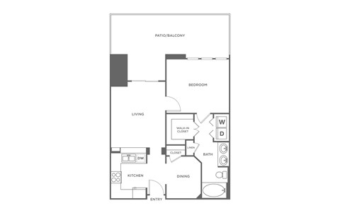 A floor plan of a house with a kitchen, dining room, living room, bedroom and bathroom.