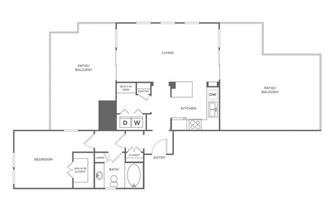 A floor plan of a house with a living room, two balconies, a kitchen, a dining room, a bedroom, a bathroom, and an entry.