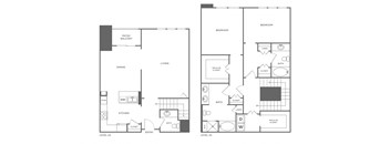 A floor plan of a two level home with two bedrooms, a living area, a kitchen, a dining area and two bathrooms.