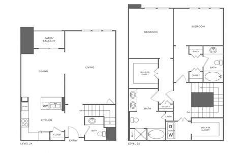 A floor plan of a two level home with two bedrooms, a living area, a kitchen, a dining area and two bathrooms.
