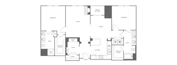 A floor plan of a house with two bedrooms, a living room, a study, a kitchen, a bathroom, a dining area, and a walk-in closet.