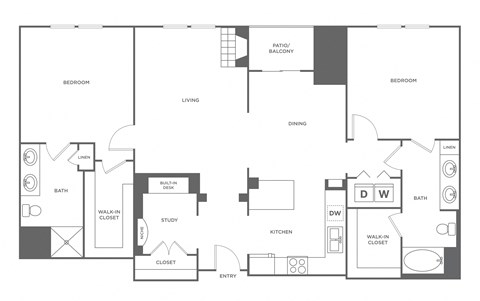 A floor plan of a house with two bedrooms, a living room, a study, a kitchen, a bathroom, a dining area, and a walk-in closet.