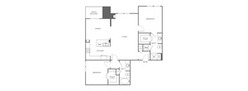 A floor plan of a house with a patio, dining area, kitchen, and two bedrooms.
