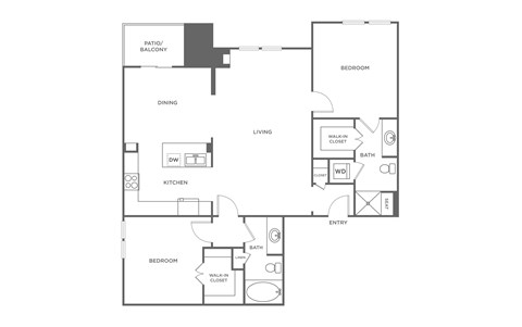 A floor plan of a house with a patio, dining area, kitchen, and two bedrooms.