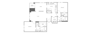 A floor plan of a house with a living room, dining room, kitchen, two bedrooms, a bathroom, and a laundry room.