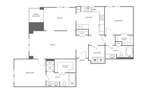 A floor plan of a house with a living room, dining room, kitchen, two bedrooms, a bathroom, and a laundry room.