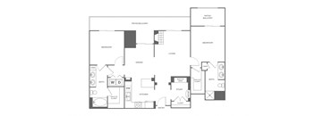 A floor plan of a house with two bedrooms, a living room, a dining room, a kitchen, a study, a bathroom, a walk-in closet, and an entry.