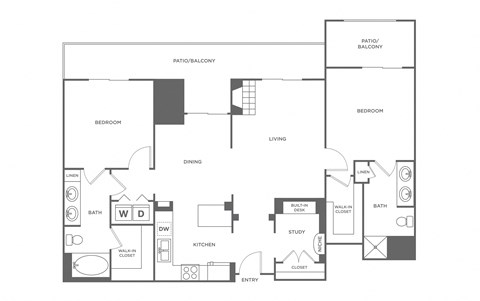 A floor plan of a house with two bedrooms, a living room, a dining room, a kitchen, a study, a bathroom, a walk-in closet, and an entry.
