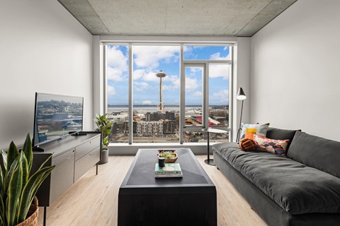 A living room with a grey couch and a large window overlooking a cityscape.