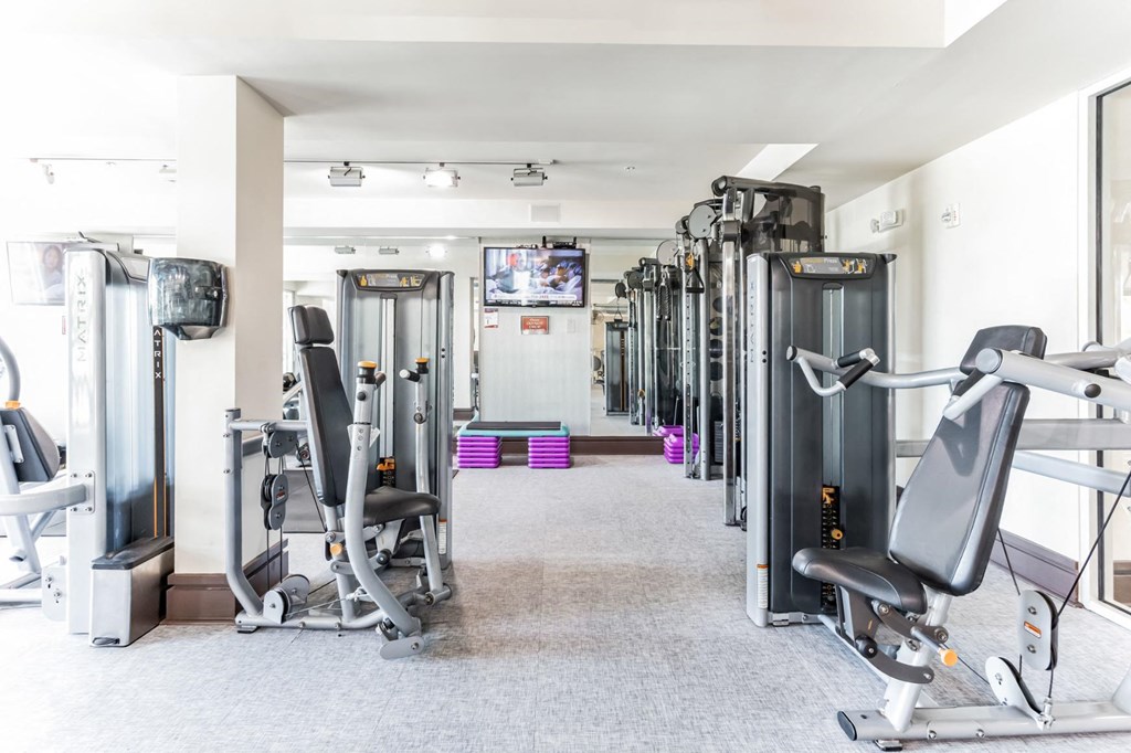 a gym with cardio equipment and weights on the floor