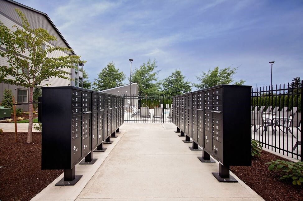 a row of mailboxes on a sidewalk with trees in the background