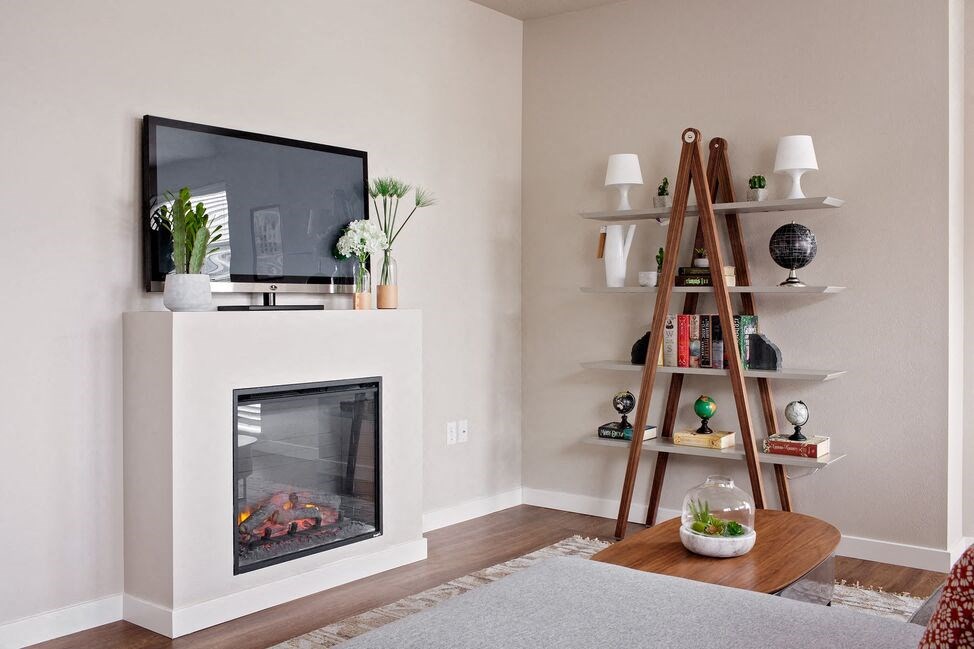 a living room with a fireplace and a television