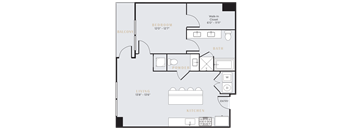 one bedroom one bathroom apartment with large kitchen island and walk in shower