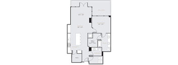 One bedroom apartment with one and a half bathrooms and large kitchen islands