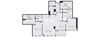 two bedroom two and a half bath penthouse in Dallas with floor to ceiling windows and open concept floor plan
