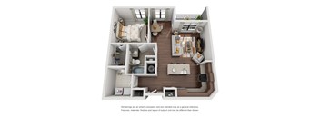 A 3D rendered image of a house layout.