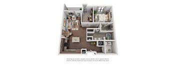 A 3D rendered image of a modern apartment layout.