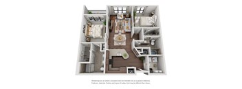 A 3D floor plan of a house with a kitchen, living room, and bedrooms.