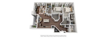 A 3D rendered image of a house layout.