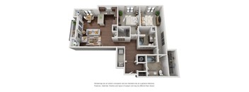 A 3D rendered image of a modern apartment layout.