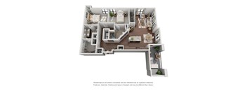 A 3D floor plan of a house with a kitchen, living room, and bedrooms.