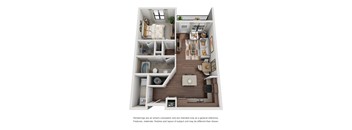 A 3D rendered image of a small apartment layout.