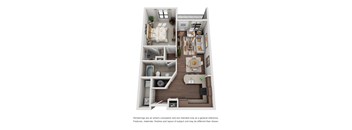 A 3D rendered image of a small apartment layout.