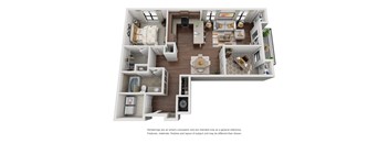 A 3D rendered image of a house layout.