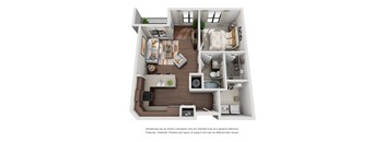 A 3D rendered image of a house layout.
