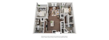 A 3D rendered image of a modern apartment layout.