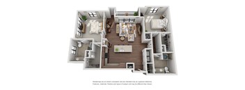 A 3D rendered image of a modern apartment layout.