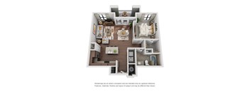 A 3D floor plan of a house with a kitchen, living room, dining room, and bathroom.
