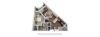 A 3D rendered image of a house layout.