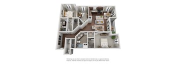 A 3D rendered image of a house layout.