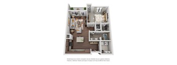 A 3D rendered image of a small apartment layout.