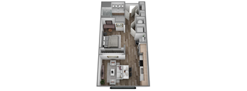 A top-down view of a modern apartment layout with a living room, kitchen, and bedrooms.