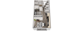 a stylized floor plan with a bedroom and a living room